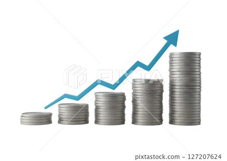 Financial growth concept with coin stacks and upward trending arrow graph 127207624