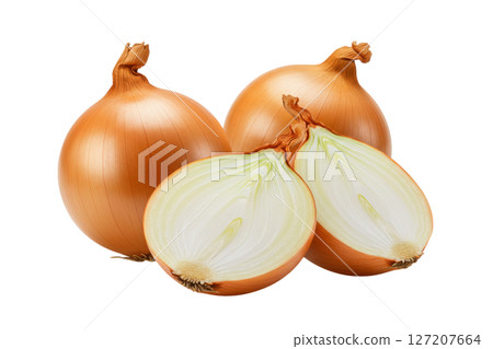 Whole and cut brown onions fresh vegetable ingredient isolated on transparent background Whole and cut brown onions fresh vegetable ingredient isolated on transparent background 127207664