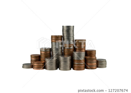 Stacks of coins symbolizing financial growth and investment on transparent background 127207674