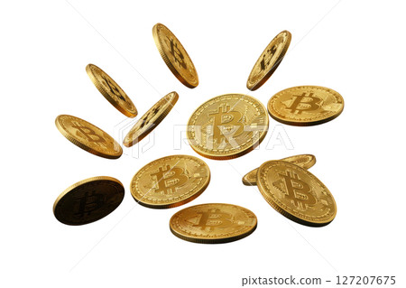 Falling golden bitcoin cryptocurrency coins representing digital finance and investment 127207675