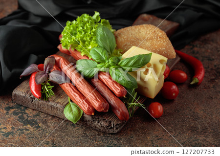 Thin smoked sausages with cheese, bread, and greens. Thin smoked sausages with cheese, bread, and greens. 127207733