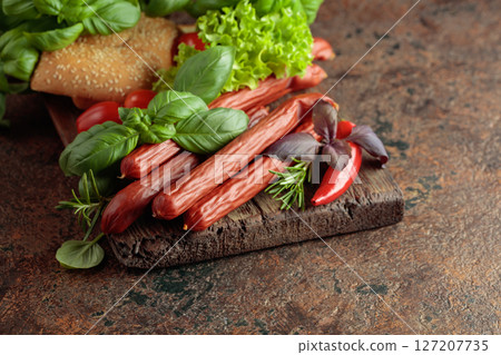 Thin smoked sausages with bread and greens. 127207735