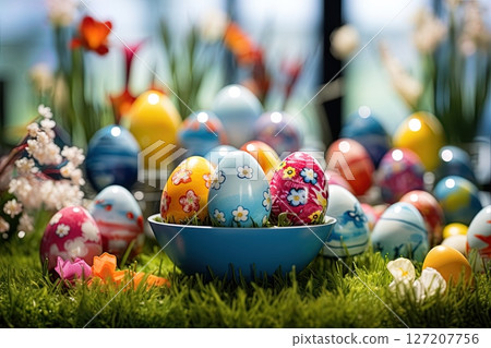 Easter eggs on green grass at sunny day. Ai Generative 127207756