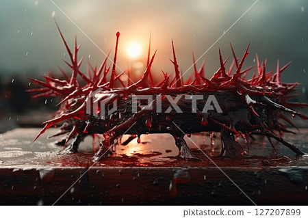 Crown of thorns covered in blood. Crucifixion of Jesus Christ. Generative Ai 127207899