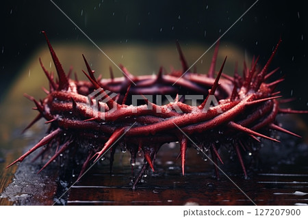 Crown of thorns covered in blood. Crucifixion of Jesus Christ. Generative Ai 127207900