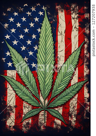 Marijuana leaf over flag of America. Ai Generative 127207938