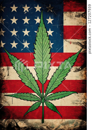 Marijuana leaf over flag of America. Ai Generative 127207939