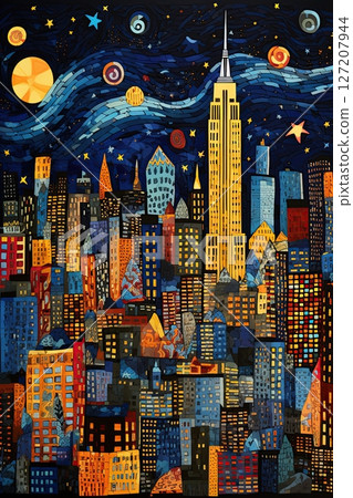 New York city skyline. Cityscape of Manhattan in the night. Abstract poster design. Generative Ai 127207944