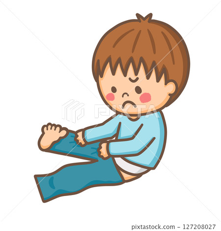 一個男孩坐著穿褲子很困難 127208027