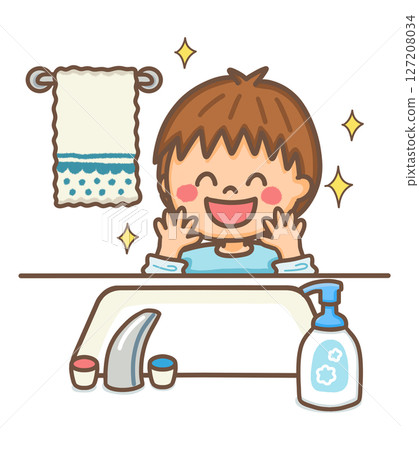 一個微笑的男孩在浴室裡洗手和洗臉,直到它們閃閃發光 一個微笑的男孩在浴室裡洗手和洗臉,直到它們閃閃發光 127208034