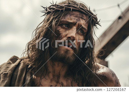 Jesus Christ wearing Crown of Thorns. Crucifixion of Christ the son of God. Generative Ai 127208167