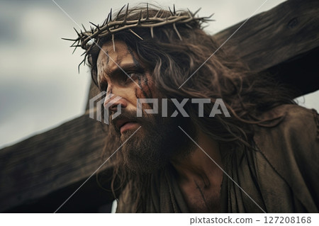 Jesus Christ wearing Crown of Thorns. Crucifixion of Christ the son of God. Generative Ai 127208168