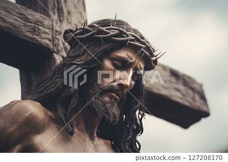 Jesus Christ wearing Crown of Thorns. Crucifixion of Christ the son of God. Generative Ai 127208170
