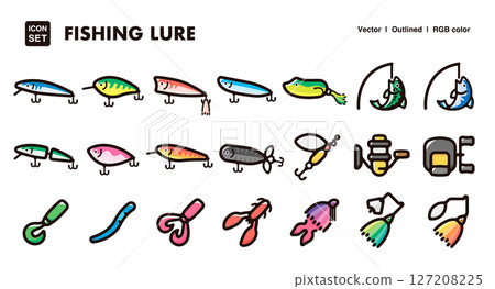 Lure, fishing equipment illustration icon set Hard lure and soft lure vector material Lure, fishing equipment illustration icon set Hard lure and soft lure vector material 127208225