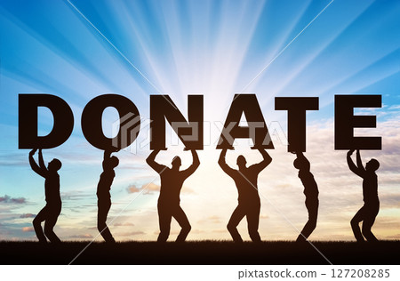 Altruism. Group of men holds letters Donate Altruism. Group of men holds letters Donate 127208285