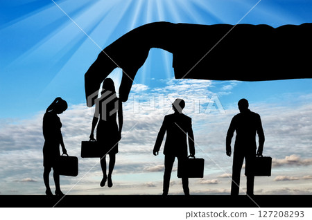 Concept of a hiring process. Hand boss chose one woman 127208293