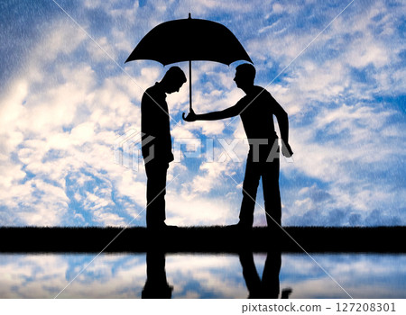 Altruist man gives his umbrella to another sad man standing in the rain 127208301