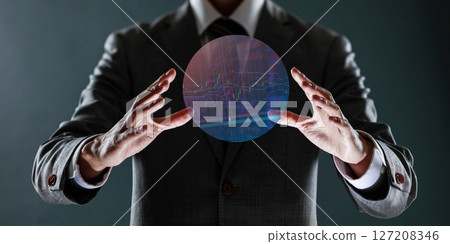 businessman with financial symbols coming from hand, stock markets concept. businessman with financial symbols coming from hand, stock markets concept. 127208346