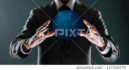businessman with financial symbols coming from hand, stock markets concept. businessman with financial symbols coming from hand, stock markets concept. 127208376