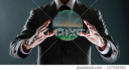businessman with financial symbols coming from hand, stock markets concept. businessman with financial symbols coming from hand, stock markets concept. 127208391