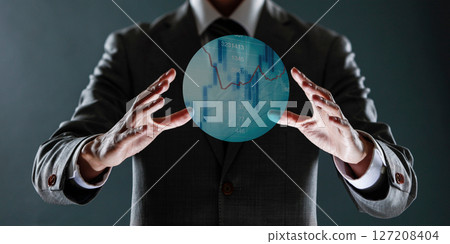 businessman with financial symbols coming from hand, stock markets concept. businessman with financial symbols coming from hand, stock markets concept. 127208404