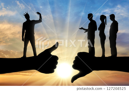 Selfishness and ego. An arrogant selfish man with a crown, considers himself better than other people. Selfishness and ego. An arrogant selfish man with a crown, considers himself better than other people. 127208525