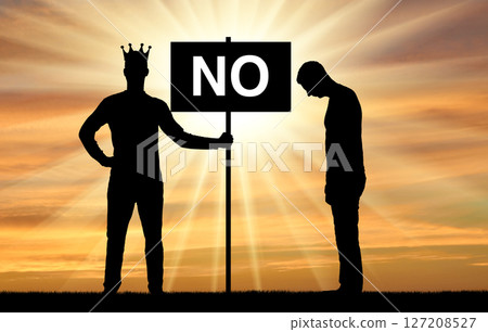 Selfishness. Selfish male boss with a crown, holding a poster with the word no and an upset employee nearby Selfishness. Selfish male boss with a crown, holding a poster with the word no and an upset employee nearby 127208527