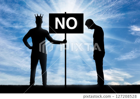 Selfishness. Selfish man with a crown on his head, holding a poster with the word no and an upset other man nearby 127208528