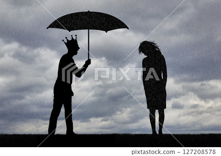 Selfishness and sexism. Selfish man with a crown holding an umbrella laughs at an upset woman in the rain Selfishness and sexism. Selfish man with a crown holding an umbrella laughs at an upset woman in the rain 127208578
