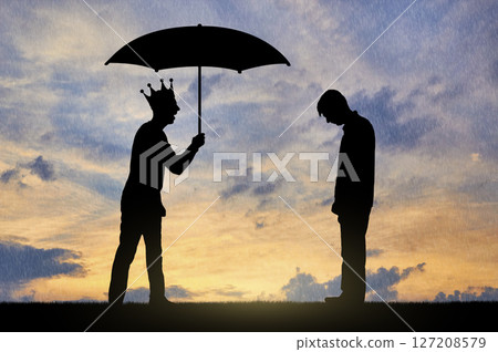 Selfishness. Selfish man with a crown holding an umbrella laughs at another man in the rain. 127208579