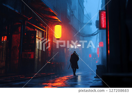 Silhouetted Figure Walking in Neon-Lit Alley During Rainy Night. 127208683