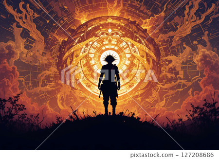 Silhouette of a Man Against a Cosmic Explosion and Starry Sky. 127208686