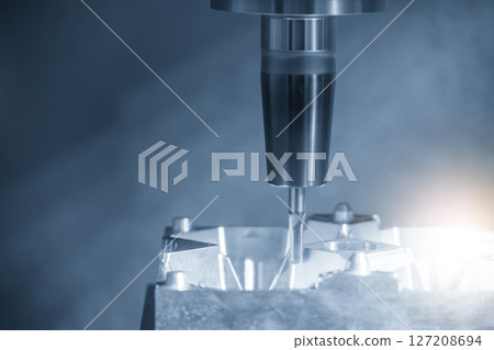 The CNC milling machine finish cut the mold parts by solid ball nose end mill tool in the light blue scene. The CNC milling machine finish cut the mold parts by solid ball nose end mill tool in the light blue scene. 127208694