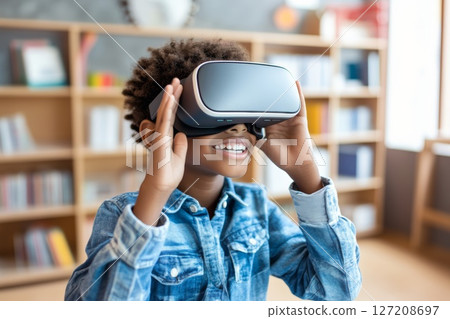 Joyful Child Using Virtual Reality Headset in a Bright Room. 127208697