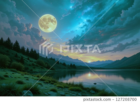 Serene Lakeside Landscape Under a Starry Moonlit Night Sky. 127208700