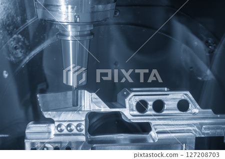 The 5-axis CNC milling machine cutting the aerospace part with solid ball end mill tool in the light blue scene. 127208703