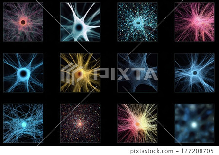 Colorful Neural Network Depictions Featuring Abstract Neuron and Synaptic Connections. 127208705