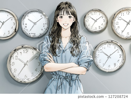 圖解：一位微笑的女人站在顯示世界各地標準時間的鐘錶前 127208724