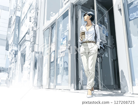 Illustration of a businesswoman walking with a cup of coffee commuting Illustration of a businesswoman walking with a cup of coffee commuting 127208725