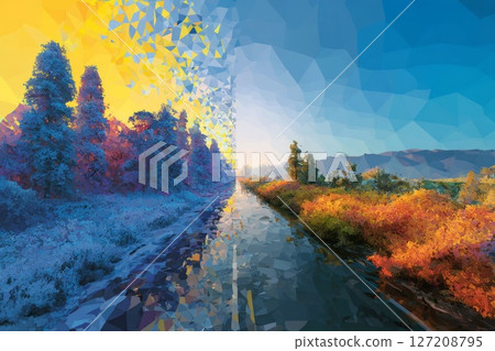 Abstract Landscape Depicting Seasonal Split With Vibrant Colors and Artistic Style. 127208795