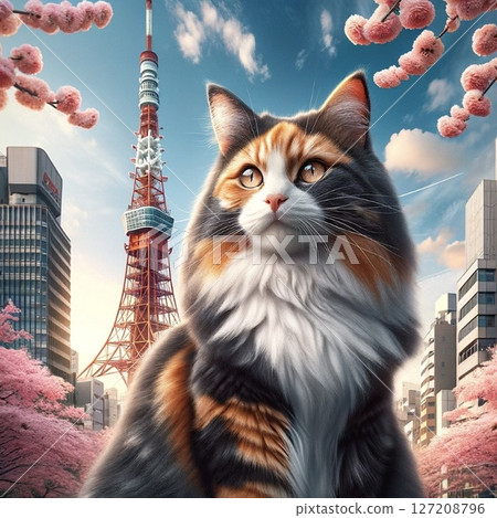 Calico cat and Tokyo Tower Traveling cat Miyao series vol.3 Spring Generative AI 127208796