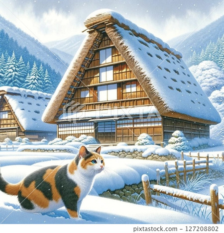 Strolling through Shirakawa-go: Snowy landscape with Gassho-style houses: Miyao the Traveling Cat series vol.4 Generative AI 127208802