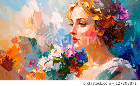 young woman with a paint brush, Impressionist oil painting of a beautiful woman with flowing hair and blooming flowers, set against a dreamy pastel sky, evoking elegance and emotion 127208871