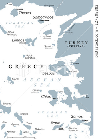 Greek North Aegean Islands, gray political map. The Northeastern Aegean Islands do not form a physical chain or group, but are frequently grouped together for tourist or administrative purposes. Greek North Aegean Islands, gray political map. The Northeastern Aegean Islands do not form a physical chain or group, but are frequently grouped together for tourist or administrative purposes. 127208882