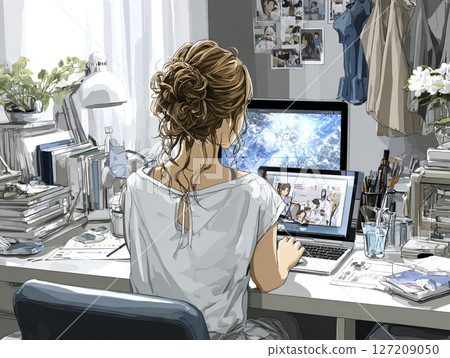 Illustration material of a high school girl studying with an AI tutor Illustration material of a high school girl studying with an AI tutor 127209050