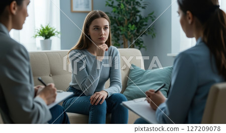 Young woman in therapy session sits on a light brown sofa looking forward with a contemplative expression while talking with two therapists. 127209078