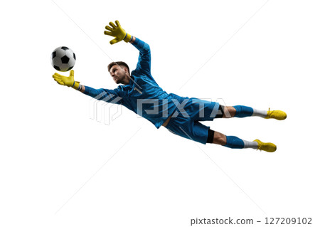 Male soccer goalkeeper diving to catch football isolated on transparent background Male soccer goalkeeper diving to catch football isolated on transparent background 127209102