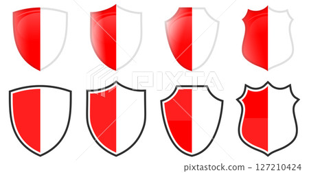 Vertical Indonesia flag in shield shape, four 3d and simple versions. Indonesian icon / sign 127210424