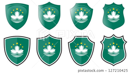 Vertical Macao flag in shield shape, four 3d and simple versions. Macau icon / sign 127210425