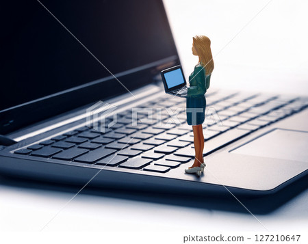 A female figurine sitting on a computer keyboard 127210647
